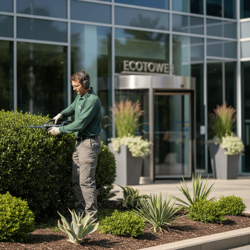 Commercial landscaping maintenance at office building entrance