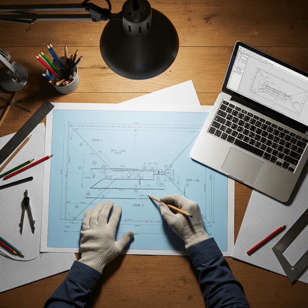 Irrigation system blueprint and design layout on drafting table