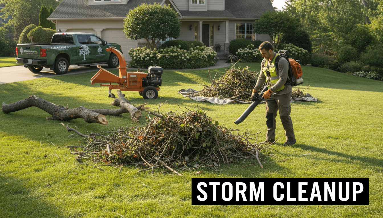 Professional debris removal service clearing yard debris and branches from a residential property
