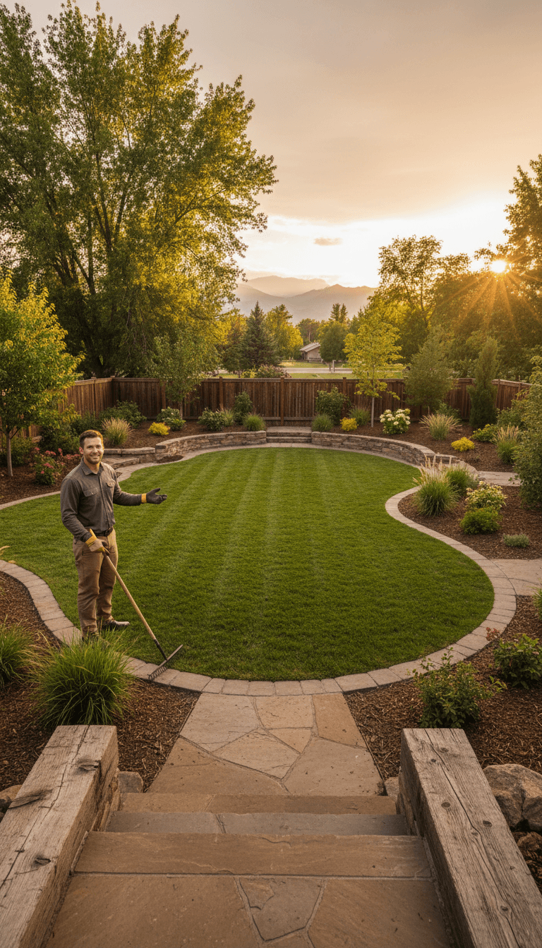 Landscaper reviewing freshly maintained residential lawn with mowed grass and mulch beds in Salt Lake City