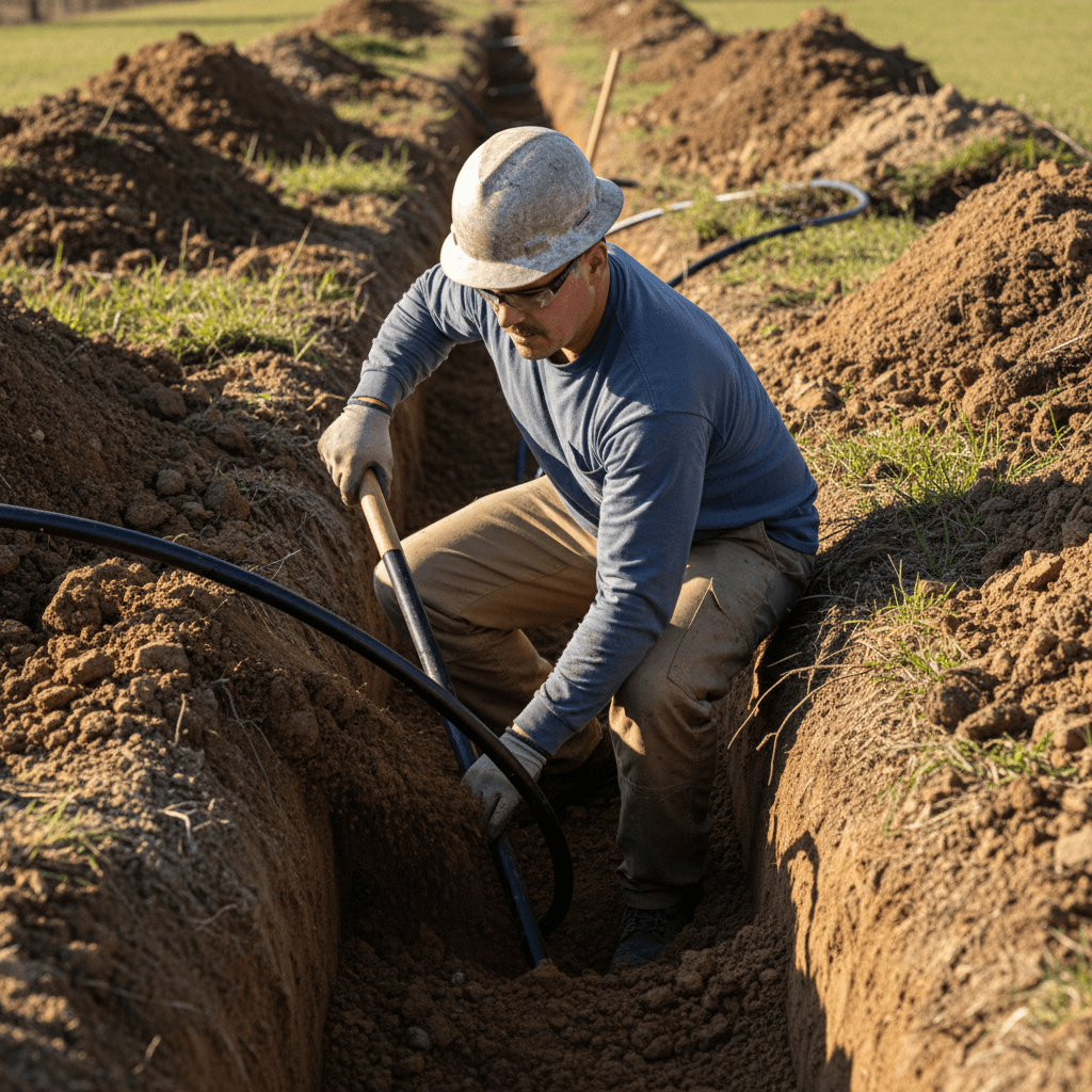 Technician installing underground irrigation main lines in property trench