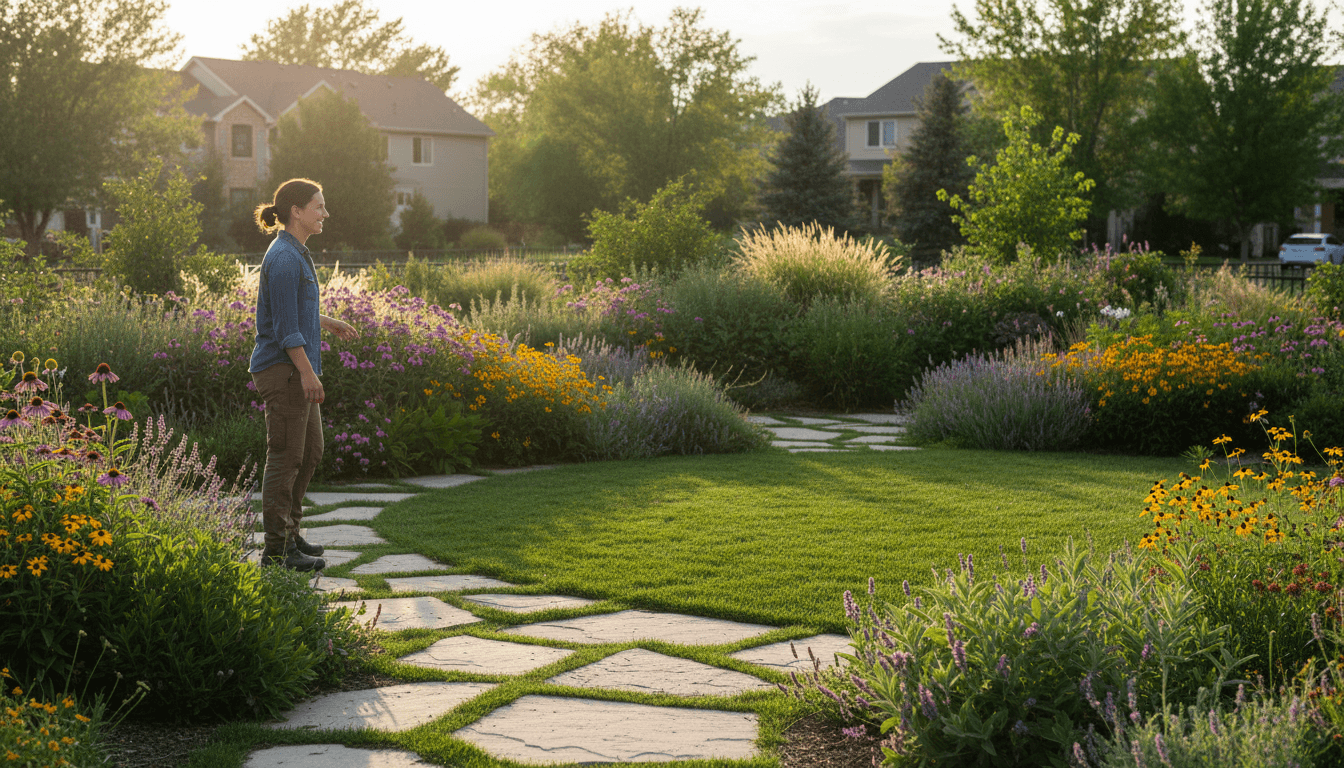 Professional landscaper inspecting a newly completed garden with flowering plants and stone pathway in Salt Lake City
