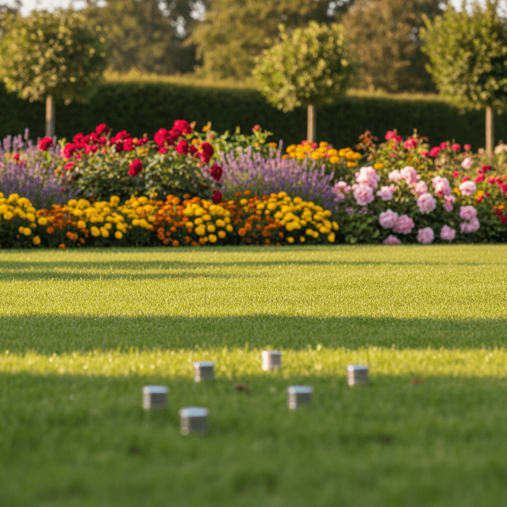Thriving green lawn and garden beds with healthy plant growth