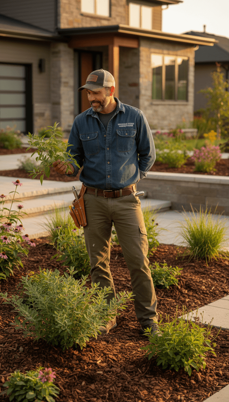 Professional landscaper inspecting newly designed residential garden in Salt Lake City