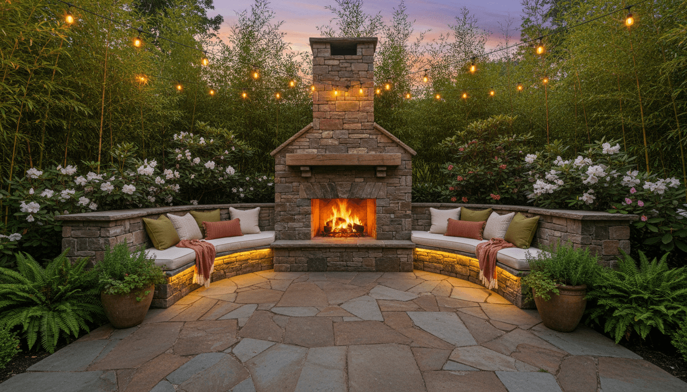 Custom stone patio with fireplace, warm evening lighting, and landscaped greenery