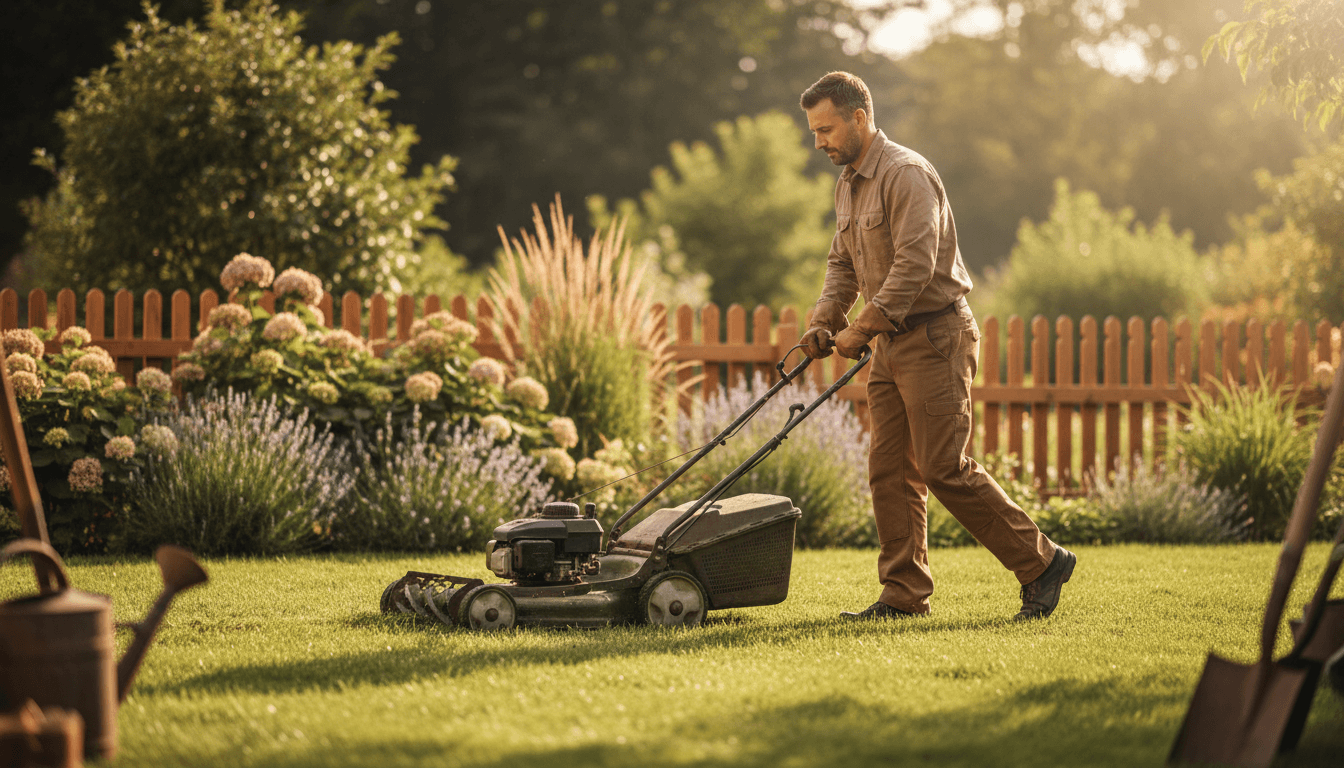Professional landscaper mowing a residential lawn in Salt Lake City