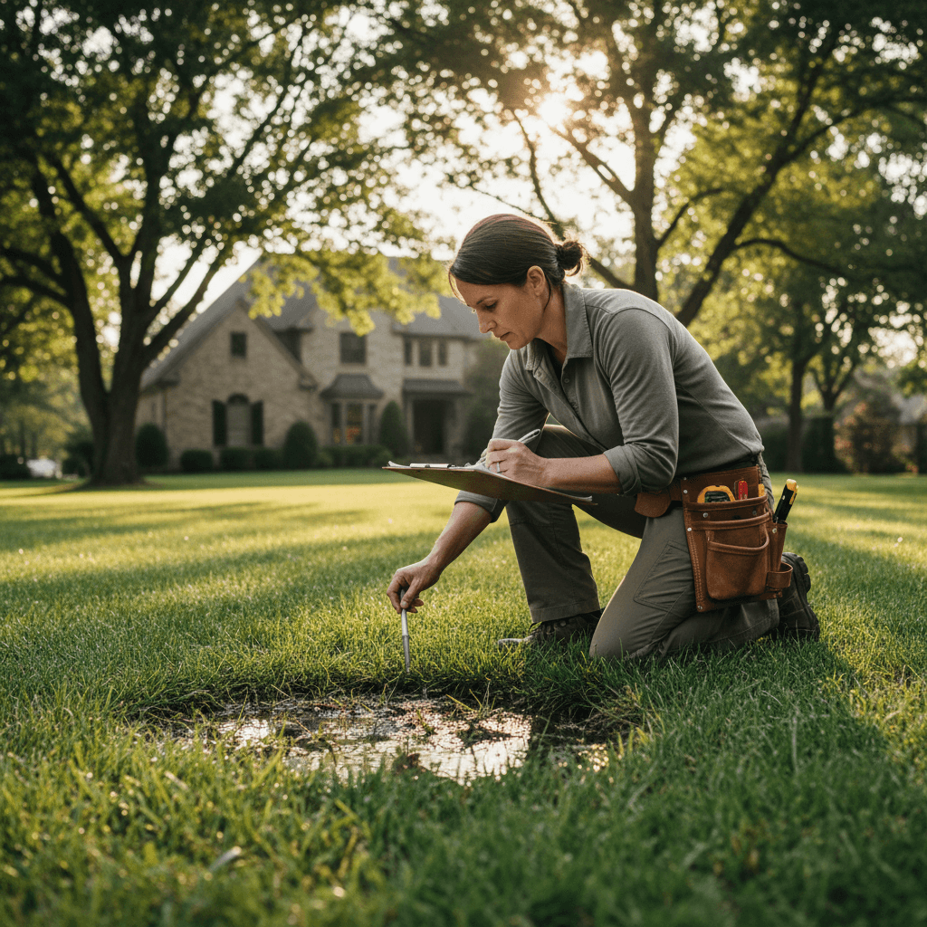 Landscape designer assessing property drainage and soil conditions