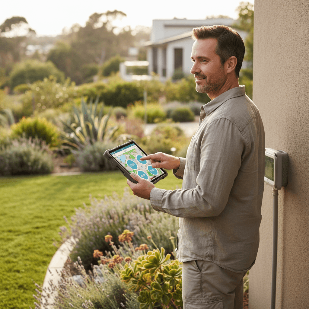 Homeowner checking smart irrigation system on mobile device