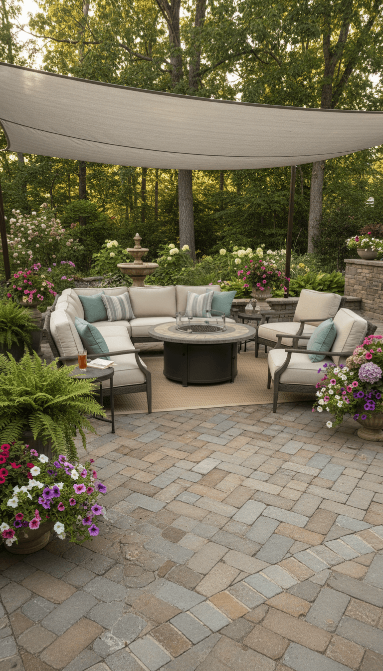 Finished stone patio with custom pavers and landscape design