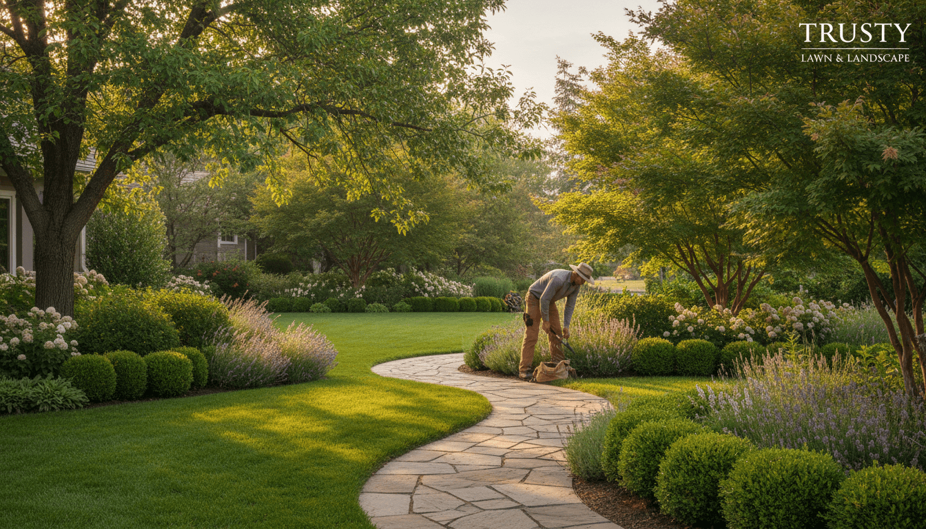 Well-maintained residential landscape with manicured lawn, healthy plants, and clean stone pathway in Salt Lake City