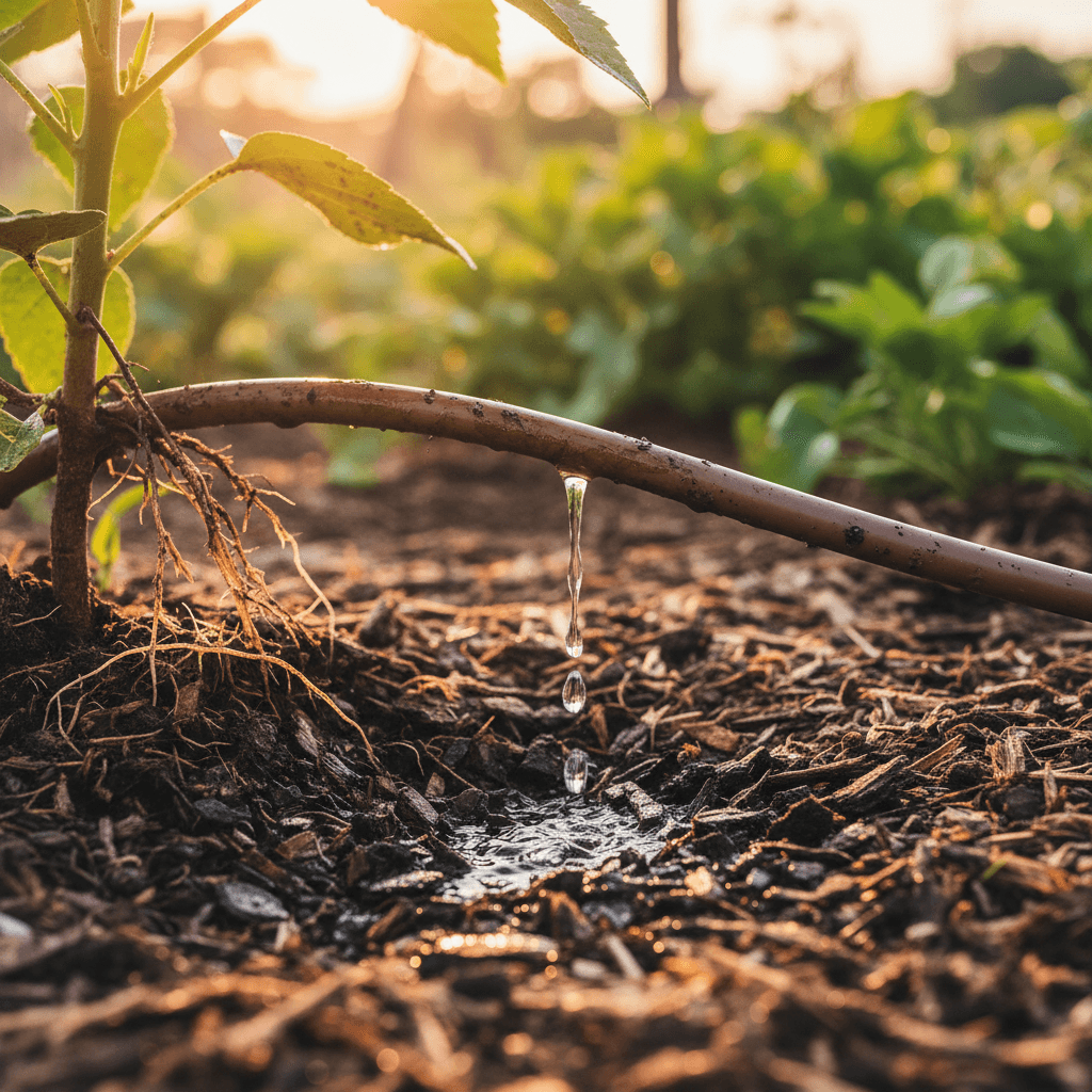 Drip irrigation delivering water to plant roots