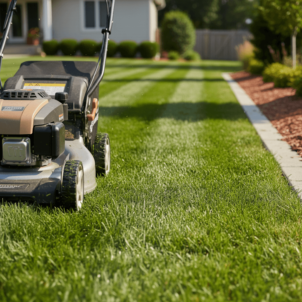Lawn mowing service in action cutting green residential grass