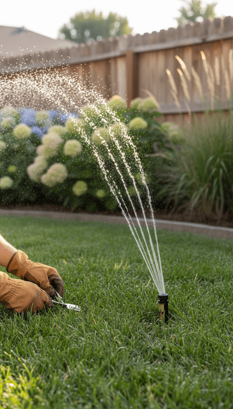 Irrigation sprinkler spraying water across residential lawn during maintenance