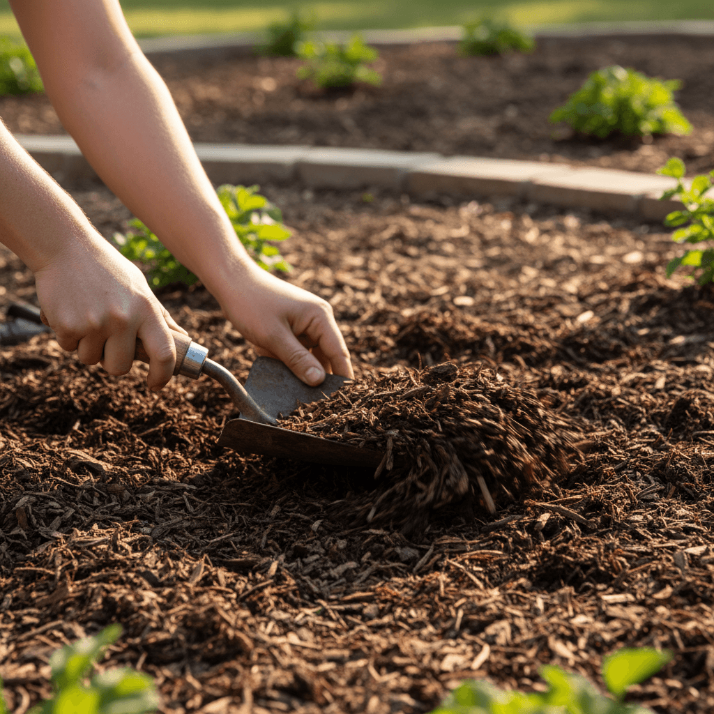 Mulching service applying fresh mulch to landscape beds