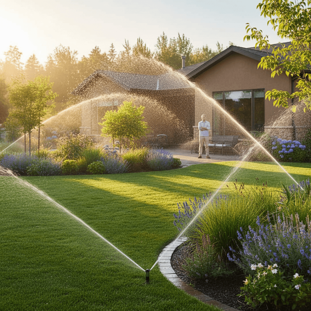 Active irrigation system delivering water across thriving residential landscape