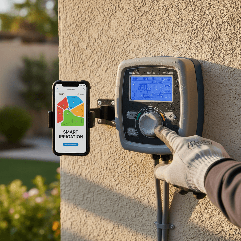 Irrigation controller timer being programmed with smartphone app integration