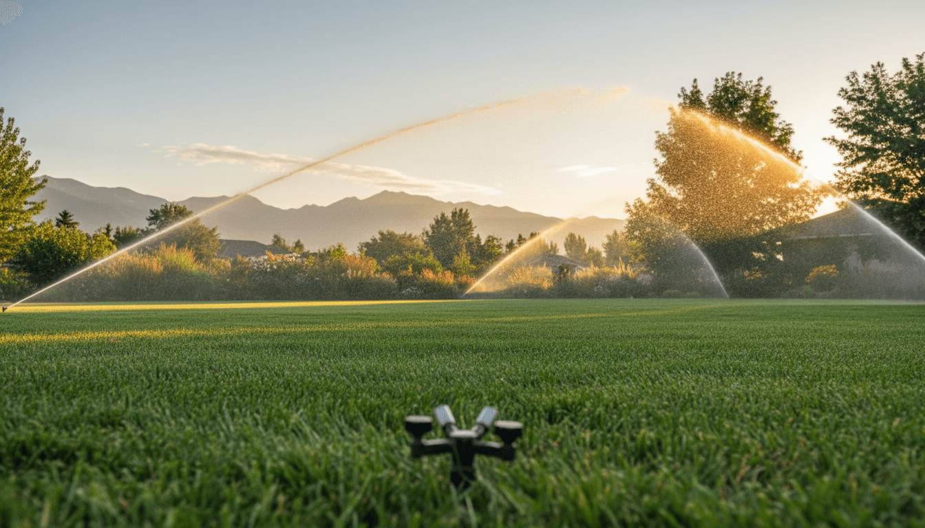 Professional irrigation system spraying water across a vibrant green lawn in Salt Lake City