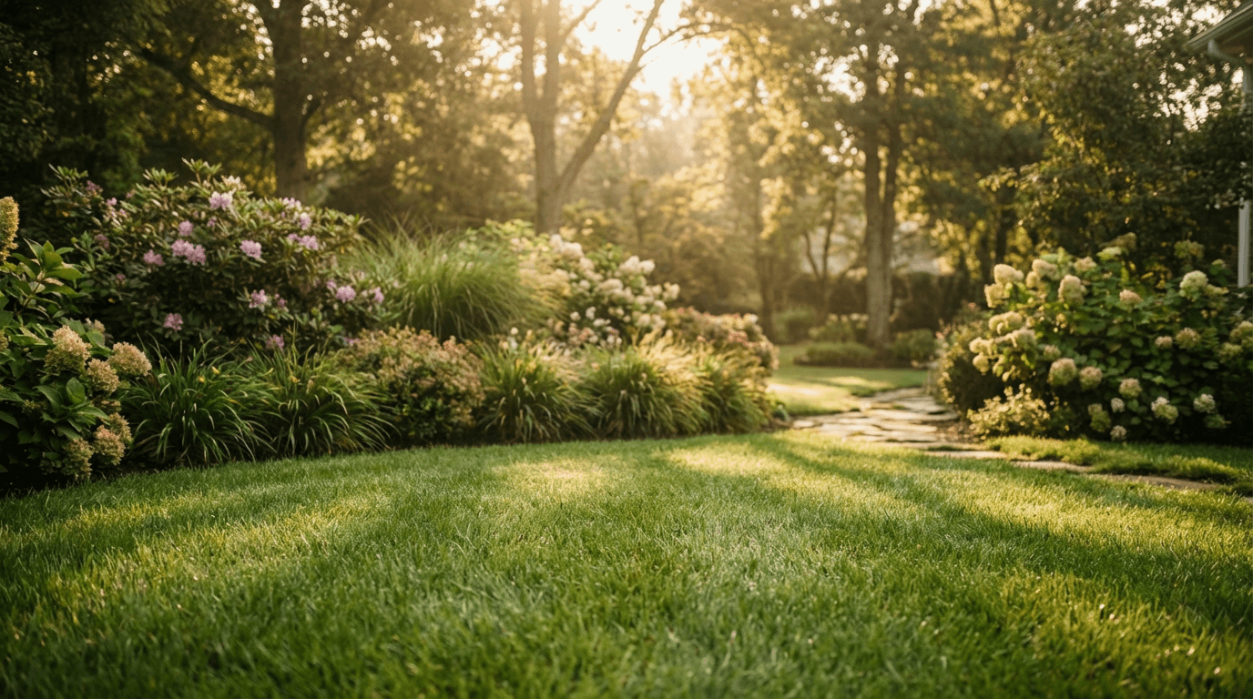 Manicured front lawn with flowering garden beds