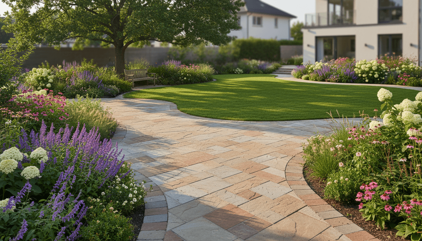 Completed backyard landscape with patio and gardens
