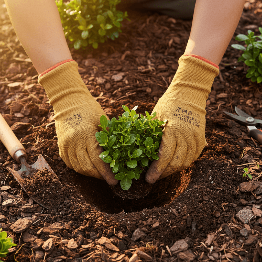 Hands planting a flowering shrub in a garden bed with care