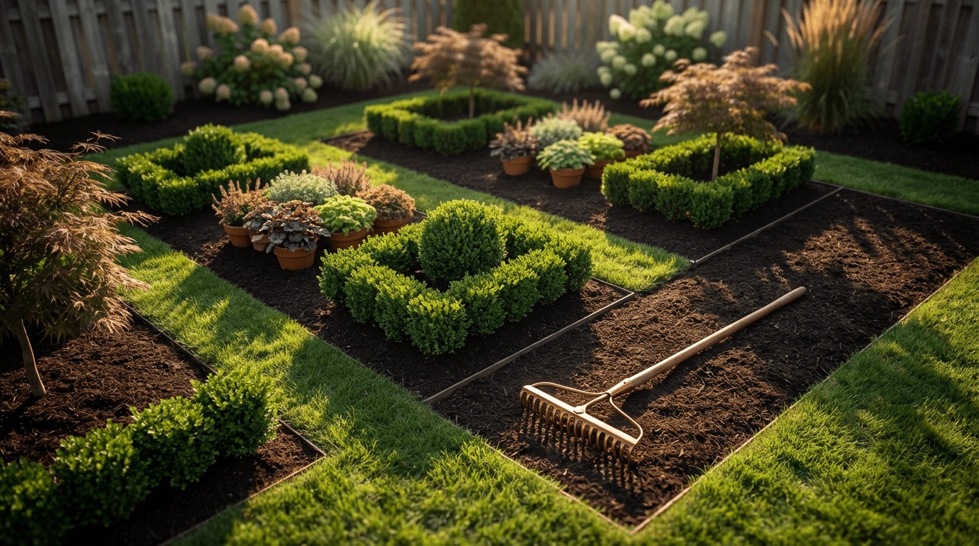 Professional landscaper standing in a beautifully designed Salt Lake City residential yard with freshly mulched beds and mature plants
