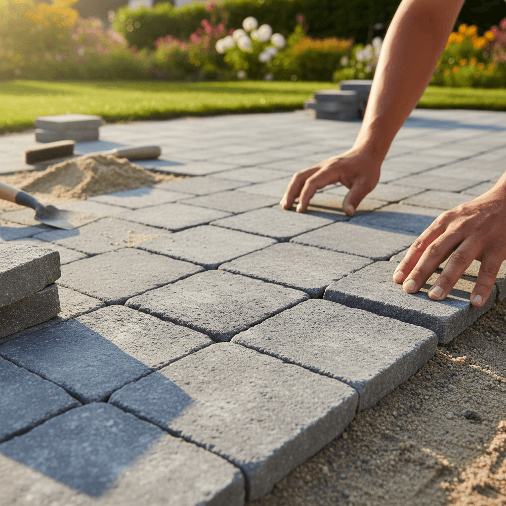 Completed stone patio with geometric pattern in residential backyard