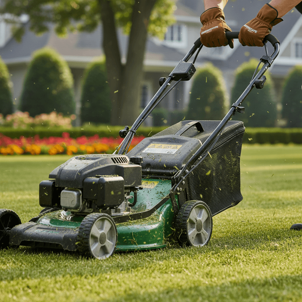 Professional lawn mower creating striped patterns on residential lawn