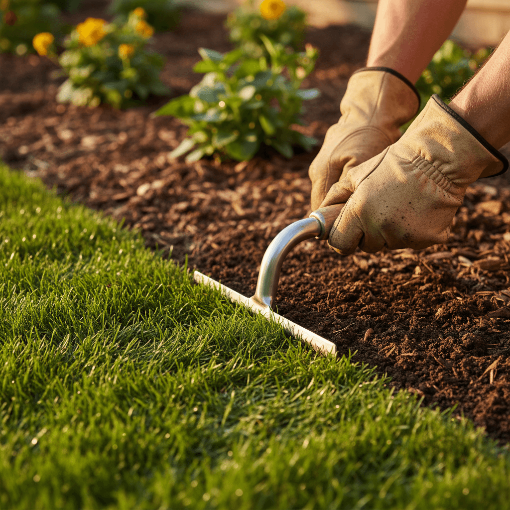 Landscaper edging garden bed borders with precision